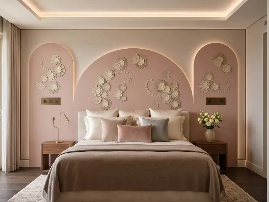 Bespoke 3D floral leather wall panels and arched headboard for luxury hotel bedroom fit-out