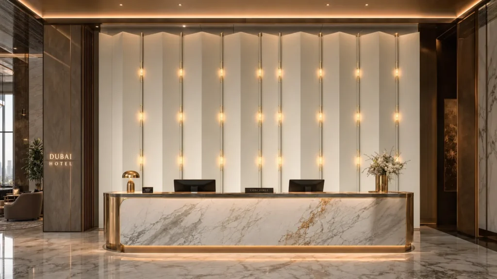 Luxury Dubai hotel lobby reception featuring Saipin Decor's bespoke 3D geometric wall panels. The white zigzag surface has protruding triangular ridges with warm integrated LED linear lights embedded in the V-shaped valleys, paired with a marble reception desk.