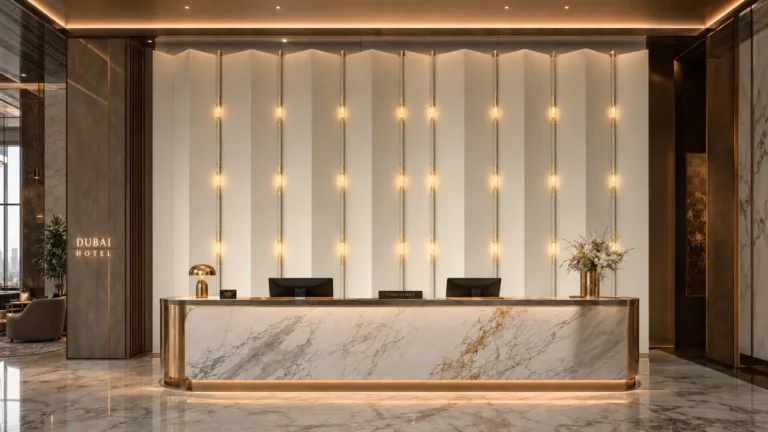 Luxury Dubai hotel lobby reception featuring Saipin Decor's bespoke 3D geometric wall panels. The white zigzag surface has protruding triangular ridges with warm integrated LED linear lights embedded in the V-shaped valleys, paired with a marble reception desk.