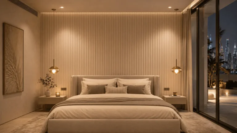 Luxury master bedroom featuring a beige fluted upholstered feature wall by Saipin Decor, warm brass pendant lights, and a panoramic view of the Dubai skyline at night.