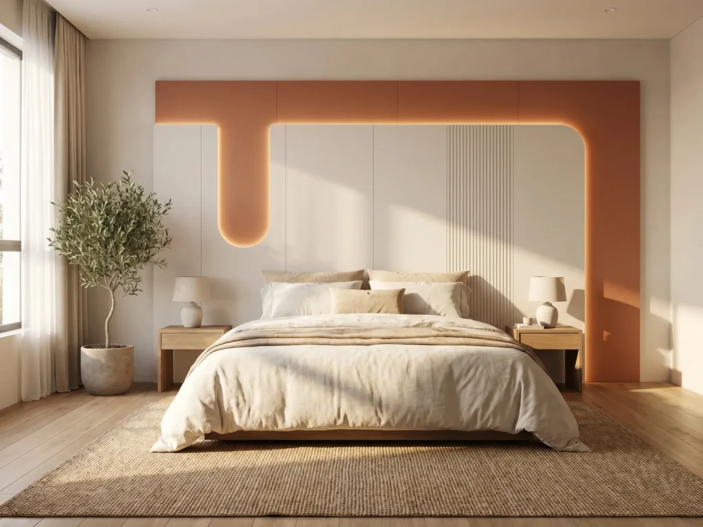 Bespoke 3D illuminated wall panels acting as a modern headboard with white fluted textures and a terracotta backing in a minimalist Japandi master bedroom.