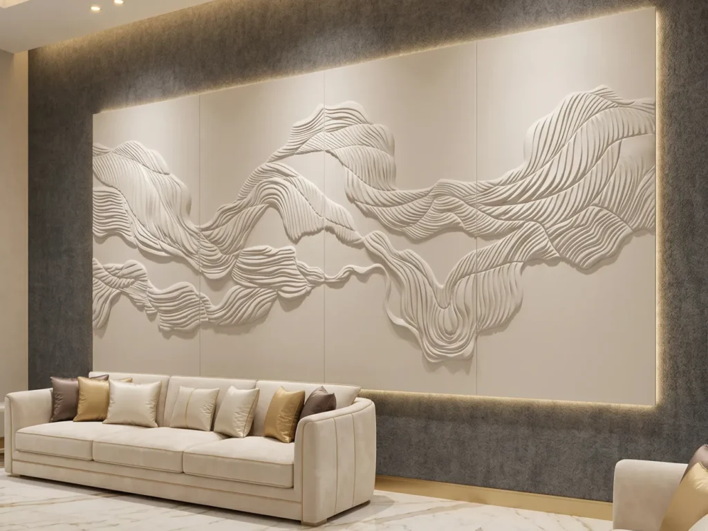 Bespoke 3D dune sculptural upholstered feature wall crafted from beige microfiber leather, acoustic foam, and solid wood in an ultra-luxury Majlis with velvet sofas.