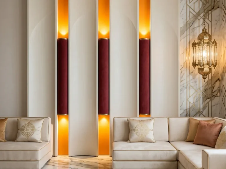Bespoke double-layer 3D illuminated vertical wall panels crafted from microfiber leather and solid wood in an ultra-luxury Dubai Majlis with marble flooring.
