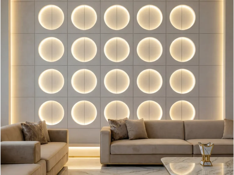 Bespoke 3D illuminated geometric wall panels with circular patterns, crafted from microfiber leather and solid wood in a modern luxury Majlis interior.