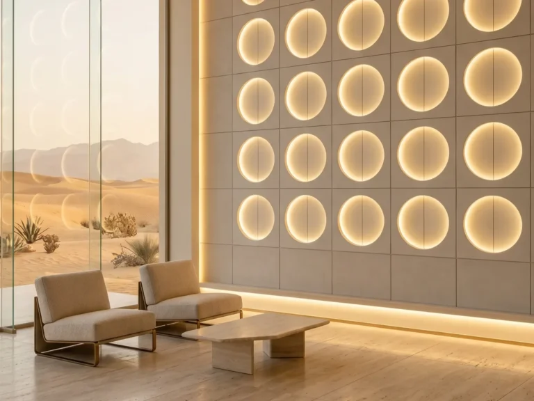 Bespoke 3D illuminated circular wall panels made of microfiber leather and solid wood in a luxury desert oasis villa living room with panoramic windows.