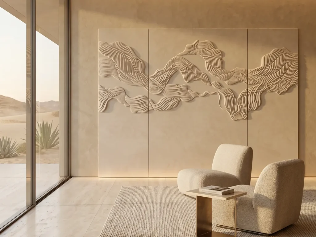Bespoke 3D dune sculptural upholstered feature wall crafted from beige microfiber leather and acoustic foam in a minimalist luxury desert villa living room with panoramic windows.