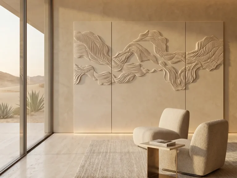 Bespoke 3D dune sculptural upholstered feature wall crafted from beige microfiber leather and acoustic foam in a minimalist luxury desert villa living room with panoramic windows.