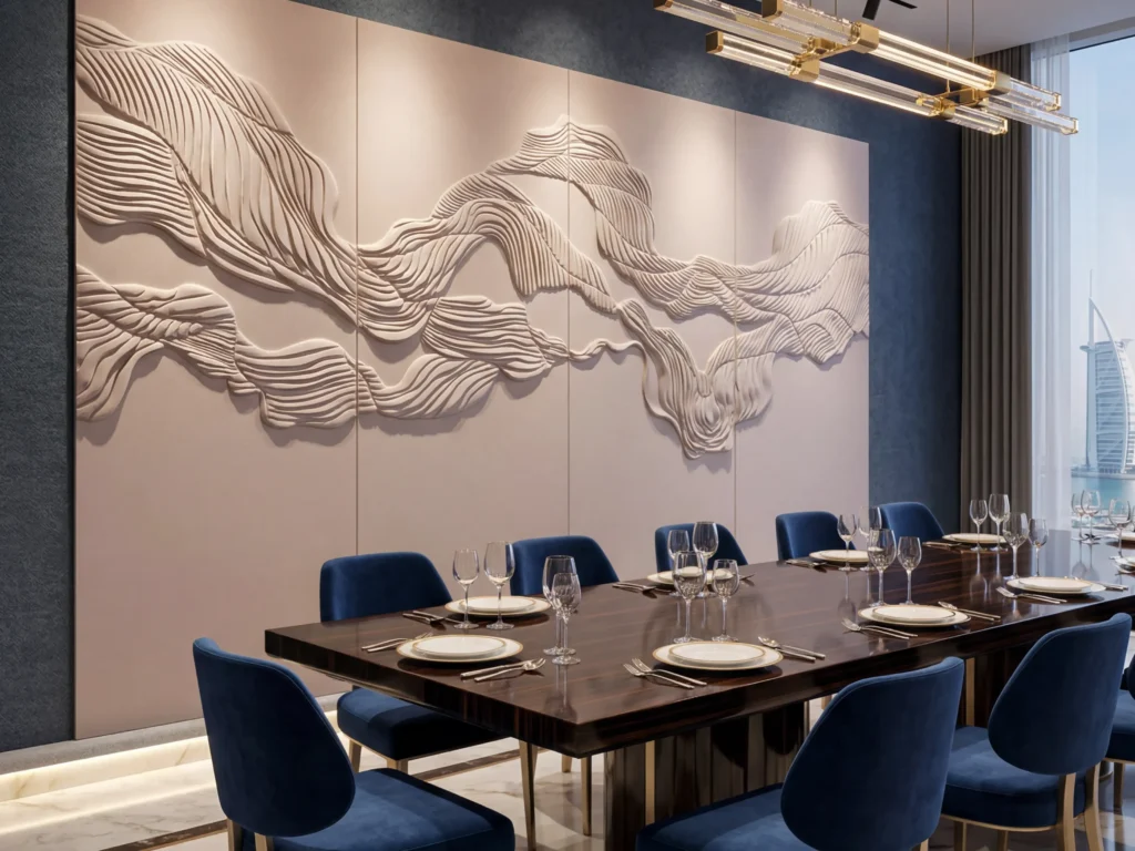 Bespoke 3D dune sculptural upholstered feature wall crafted from beige microfiber leather and acoustic foam in a luxury Dubai VIP dining room with sapphire velvet chairs.