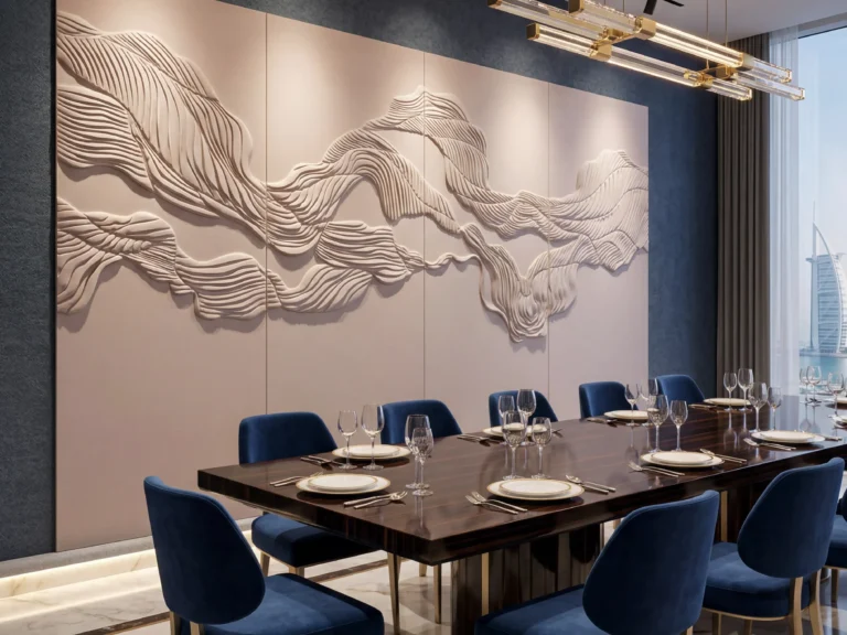 Bespoke 3D dune sculptural upholstered feature wall crafted from beige microfiber leather and acoustic foam in a luxury Dubai VIP dining room with sapphire velvet chairs.