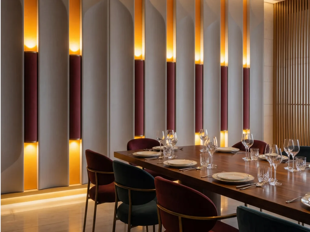 Bespoke double-layer 3D illuminated vertical wall panels crafted from wine-red microfiber leather and solid wood in an ultra-luxury VIP dining room with a long walnut table.