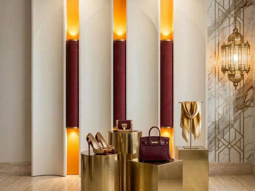Bespoke double-layer 3D illuminated vertical wall panels crafted from burgundy microfiber leather and solid wood in a luxury fashion boutique behind brass display podiums.