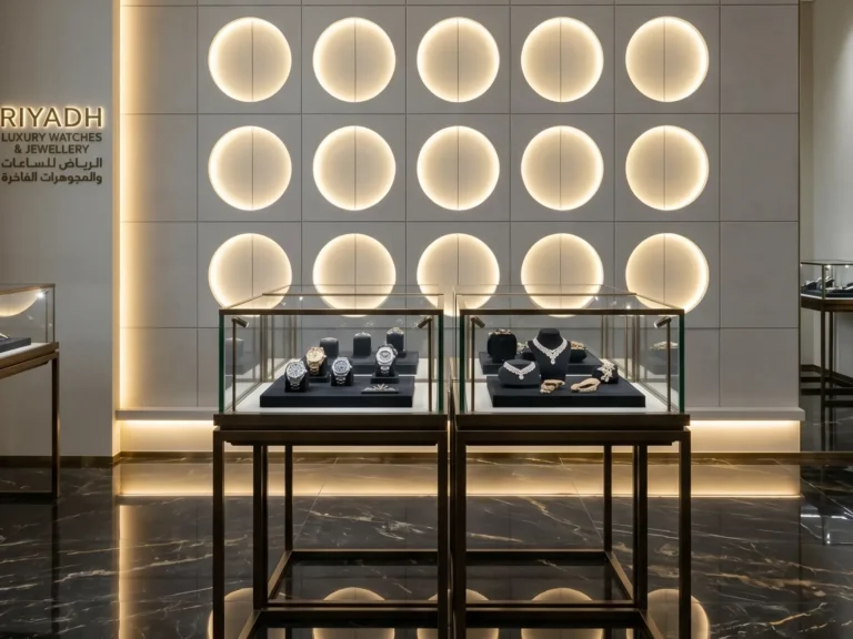 Bespoke 3D illuminated circular wall panels made of microfiber leather and solid wood in a luxury Riyadh jewelry and watch boutique behind glass display cases.