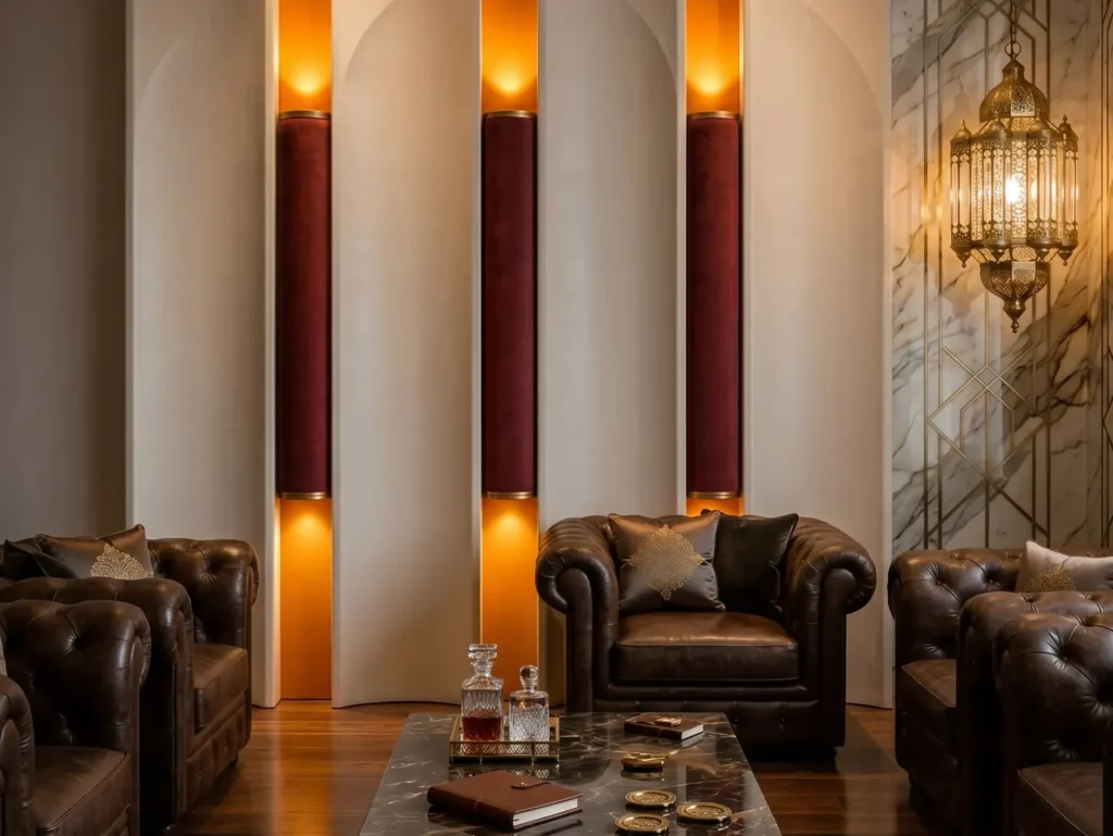Bespoke double-layer 3D illuminated vertical wall panels crafted from burgundy microfiber leather and solid wood in an ultra-luxury private club lounge with classic leather sofas.