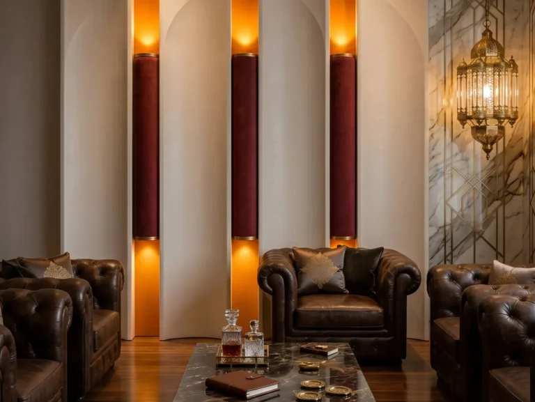 Bespoke double-layer 3D illuminated vertical wall panels crafted from burgundy microfiber leather and solid wood in an ultra-luxury private club lounge with classic leather sofas.
