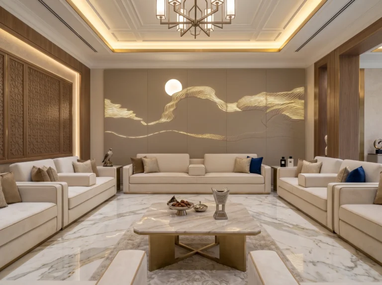 Bespoke "Desert Moon" 3D illuminated feature wall crafted from matte microfiber leather, acoustic foam, and built-in LEDs in an ultra-luxury Middle Eastern Majlis with marble floors.
