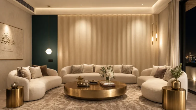 Luxury modern Middle Eastern Majlis interior featuring a bespoke upholstered feature wall with beige fluted panels and a dark emerald green accent, complemented by a brass coffee table and cream curved sofas.