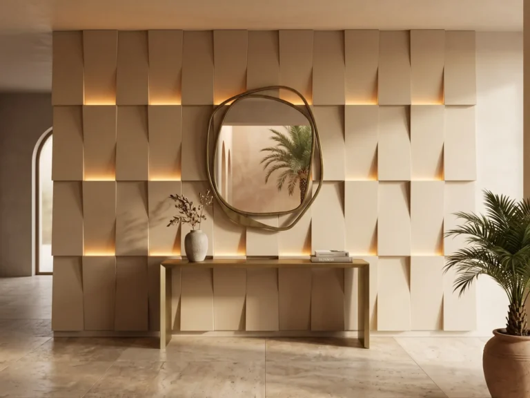 Bespoke 3D illuminated geometric wall panels made of microfiber leather and solid wood in a luxury desert oasis villa foyer with a brass console table.