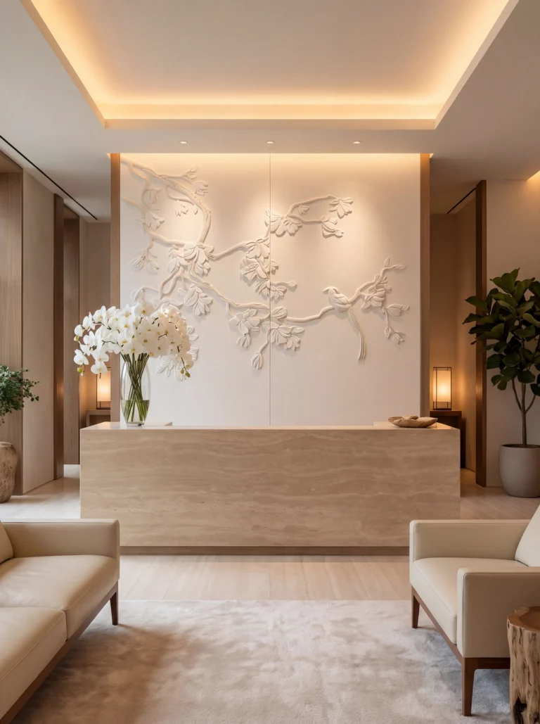 Bespoke 3D wall panels featuring delicate floral and bird motifs in a luxury wellness spa reception area with warm ambient lighting.
