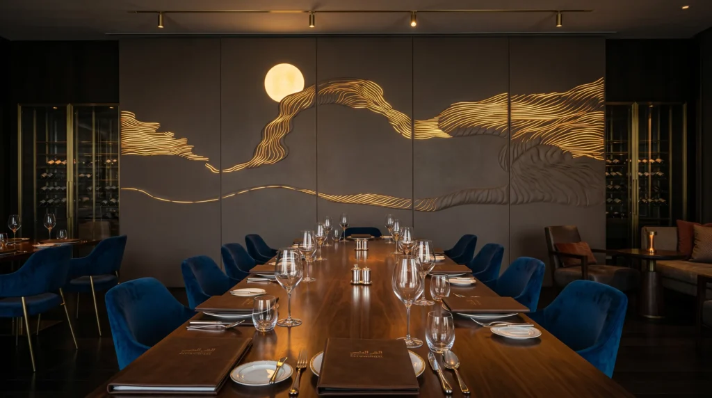Bespoke "Desert Moon" 3D illuminated feature wall crafted from taupe microfiber leather, acoustic foam, and built-in LEDs in a Michelin-star VIP private dining room with a walnut table.