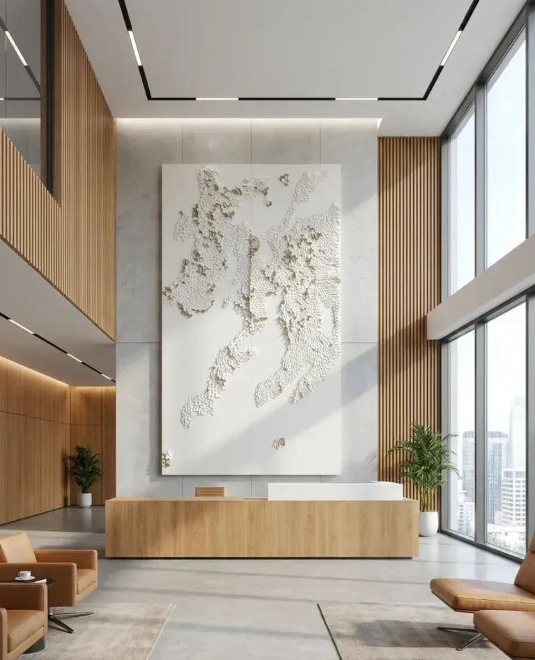 Large custom 3D organic textured feature wall panel by Saipin Decor in a modern luxury corporate headquarters reception lobby.