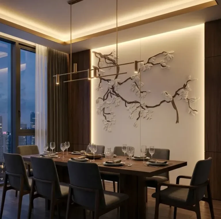 Bespoke 3D wall panels featuring floral and bird motifs in a modern luxury dining room interior with warm cove lighting.