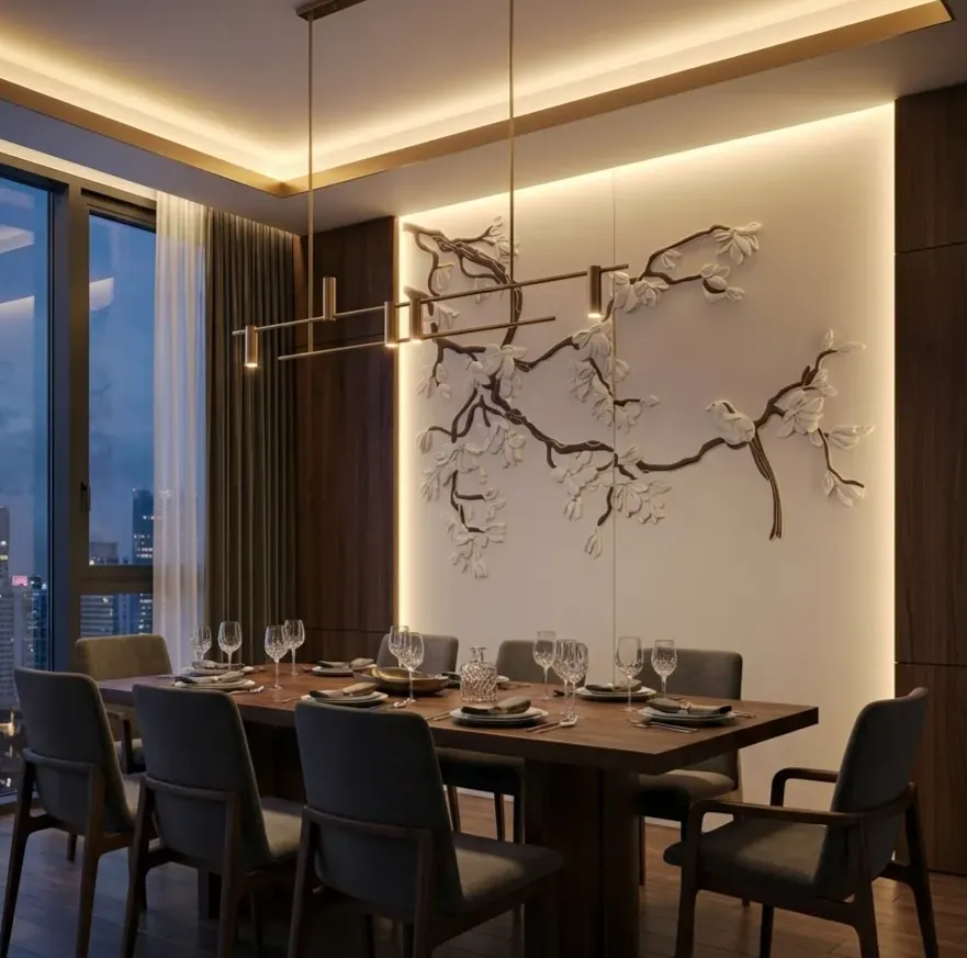 Bespoke 3D wall panels featuring floral and bird motifs in a modern luxury dining room interior with warm cove lighting.