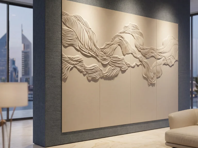 Bespoke 3D dune sculptural floating upholstered feature wall crafted from beige microfiber leather and acoustic foam in a modern luxury Dubai penthouse living room.