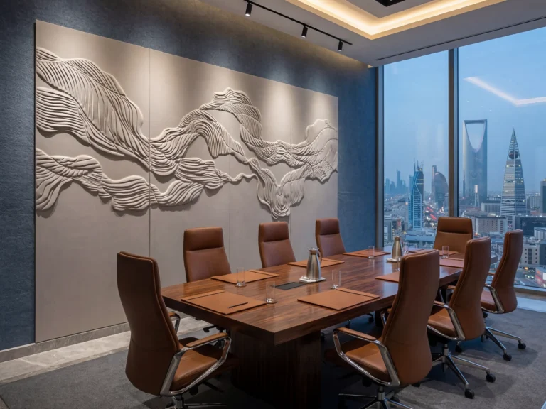 Bespoke 3D dune sculptural upholstered feature wall crafted from acoustic foam and microfiber leather in a luxury Riyadh corporate boardroom with a walnut conference table.