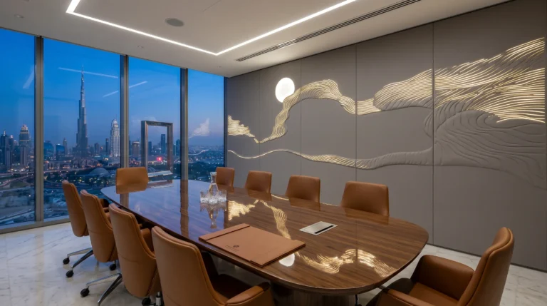 Bespoke "Desert Moon" 3D illuminated feature wall crafted from matte grey microfiber leather, acoustic foam, and built-in LEDs in a luxury Dubai corporate boardroom overlooking the Burj Khalifa.