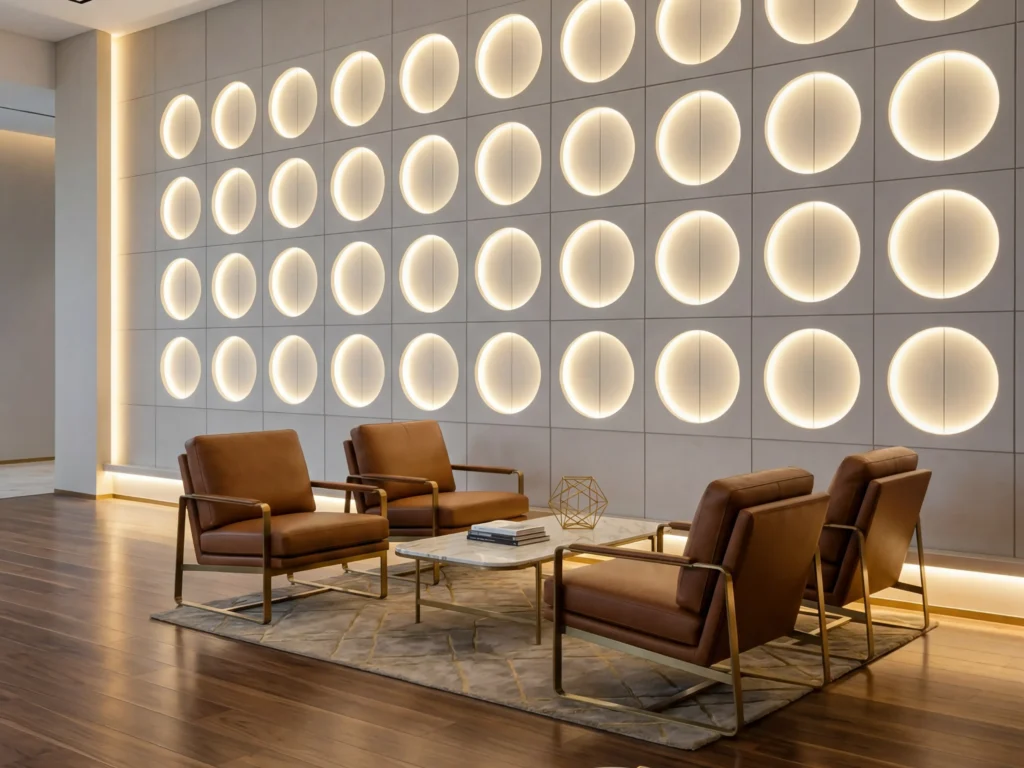 Bespoke 3D illuminated circular wall panels made of microfiber leather and solid wood in a luxury corporate executive lounge with cognac leather chairs.