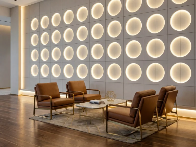 Bespoke 3D illuminated circular wall panels made of microfiber leather and solid wood in a luxury corporate executive lounge with cognac leather chairs.