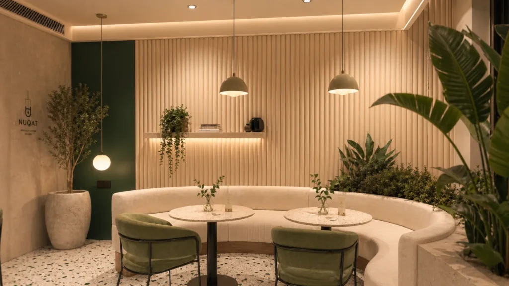 Modern boutique cafe interior design featuring Saipin Decor bespoke acoustic wall panels with beige fluted and emerald green sections, curved seating, terrazzo flooring, and brass pendant lights.