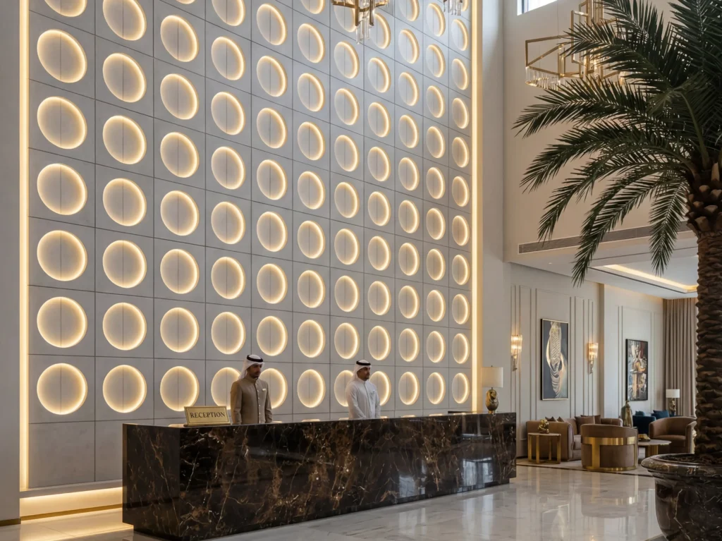 Massive bespoke 3D illuminated circular wall panels crafted from microfiber leather and solid wood in a majestic seven-star hotel lobby behind a dark marble reception desk.