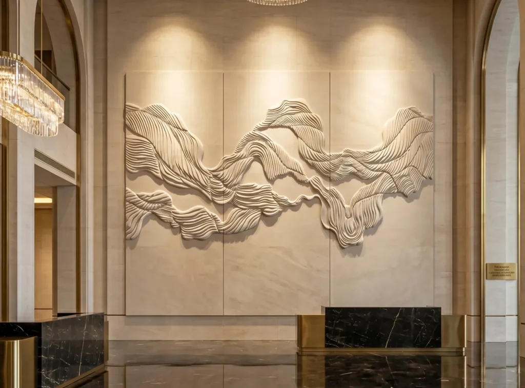 Massive bespoke 3D dune sculptural upholstered feature wall crafted from acoustic foam and microfiber leather in an Abu Dhabi ultra-luxury hotel lobby behind a marble desk.