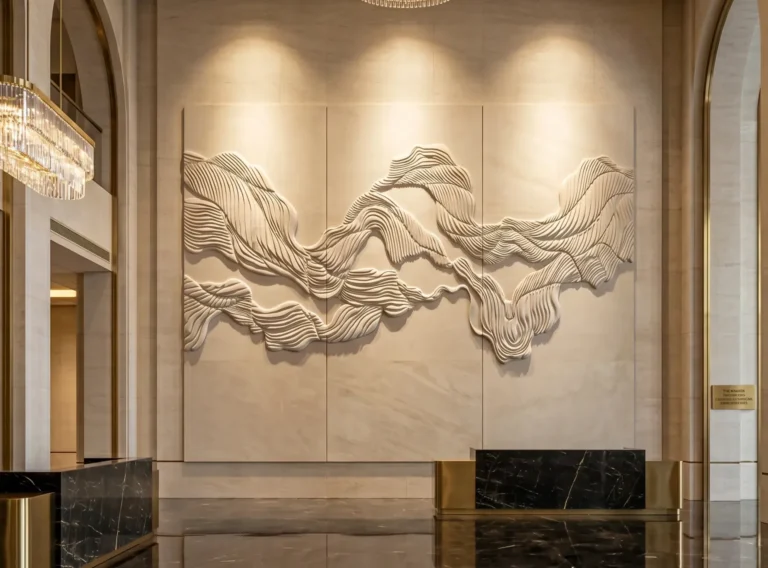 Massive bespoke 3D dune sculptural upholstered feature wall crafted from acoustic foam and microfiber leather in an Abu Dhabi ultra-luxury hotel lobby behind a marble desk.