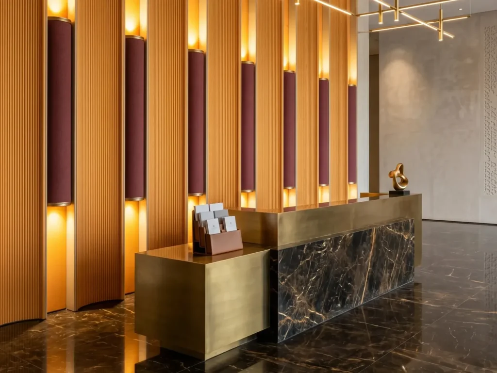 Massive double-layer 3D illuminated vertical wall panels crafted from microfiber leather and solid wood in an ultra-luxury Riyadh hotel lobby behind a brass reception desk.