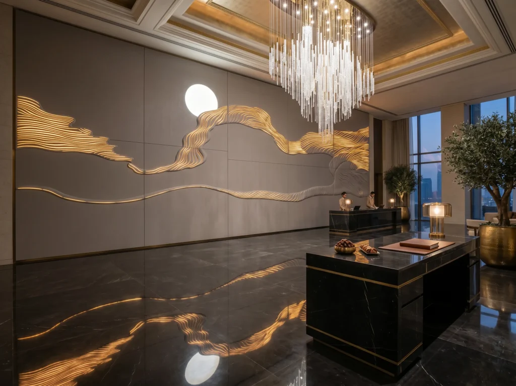 Massive bespoke "Desert Moon" 3D illuminated feature wall crafted from microfiber leather, acoustic foam, and built-in LEDs behind a marble reception desk in an ultra-luxury Dubai hotel lobby.
