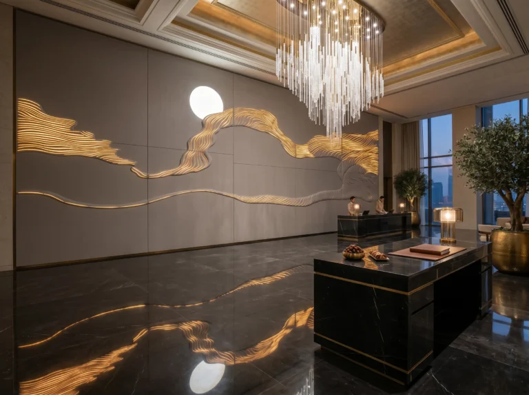 Massive bespoke "Desert Moon" 3D illuminated feature wall crafted from microfiber leather, acoustic foam, and built-in LEDs behind a marble reception desk in an ultra-luxury Dubai hotel lobby.