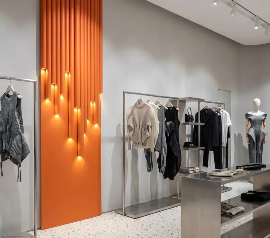 Bespoke 3D illuminated orange fluted wall panels in a modern avant-garde luxury fashion boutique with terrazzo floors and stainless steel fixtures.