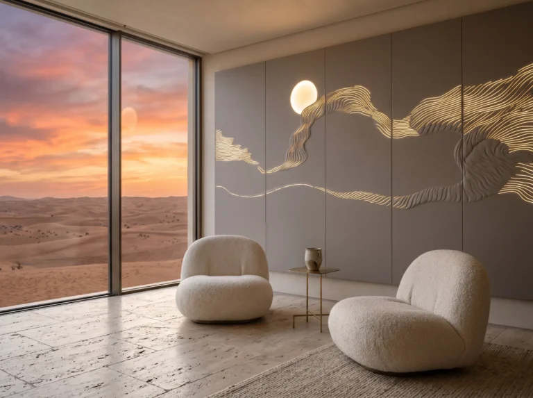 Bespoke "Desert Sunset" 3D illuminated feature wall crafted from matte grey microfiber leather, acoustic foam, and built-in LEDs in a minimalist luxury desert villa with panoramic windows.