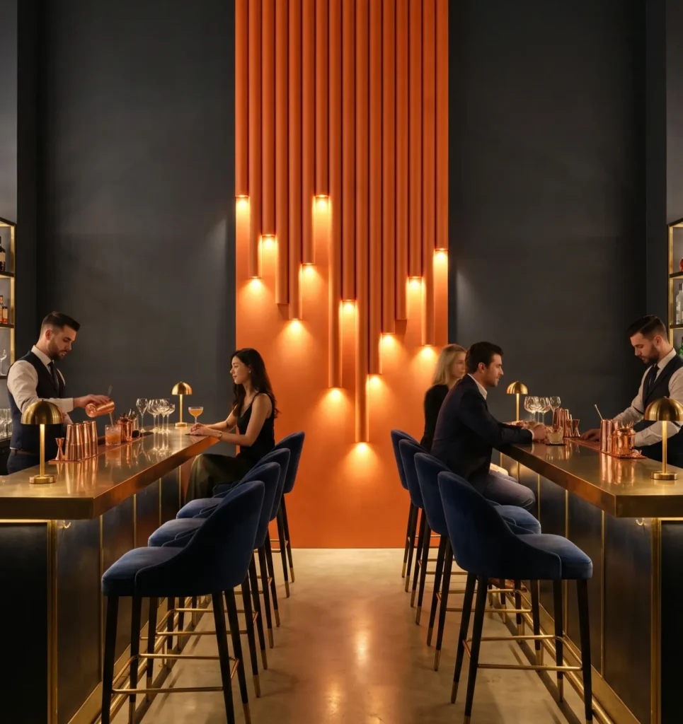 Bespoke 3D illuminated wall panels featuring orange fluted leather and wood textures in a trendy high-end cocktail lounge.