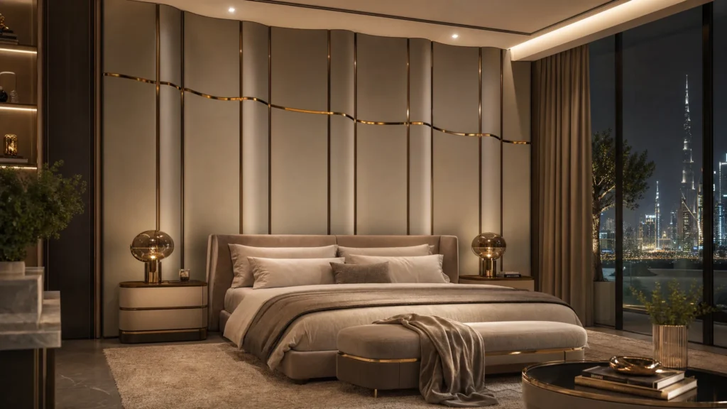 Luxurious Dubai villa master bedroom featuring a bespoke Saipin Decor 3D curved upholstered feature wall in matte taupe, detailed with vertical and wavy horizontal brass metal inlays, overlooking the Burj Khalifa skyline at night.