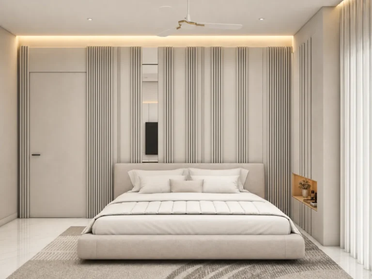 Luxury bedroom wall paneling featuring custom light gray leather-wrapped semi-circular wooden flutes on a multi-layered solid wood base.