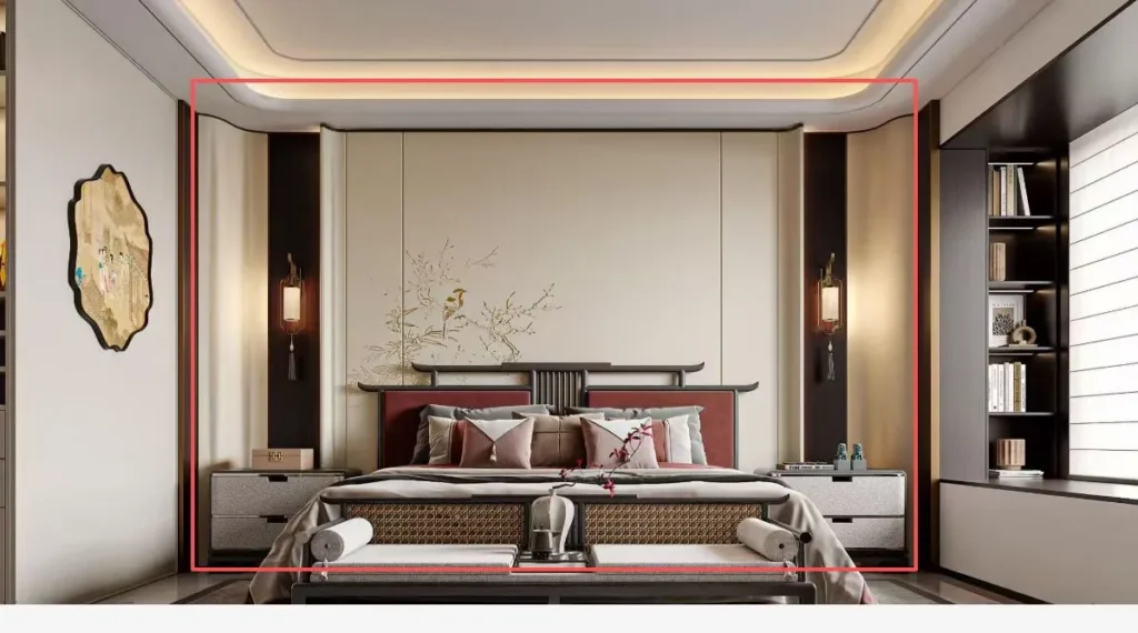 3D render of a luxury bedroom featuring a custom oriental-style illuminated feature wall.